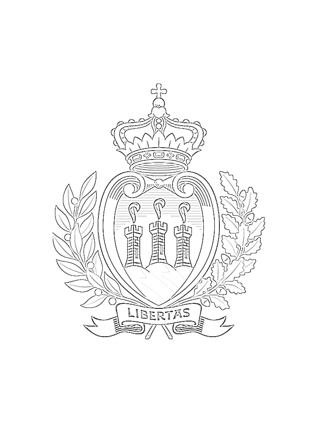 Герб с короной, тремя башнями, лавровой и дубовой ветвями, лентой с надписью 
