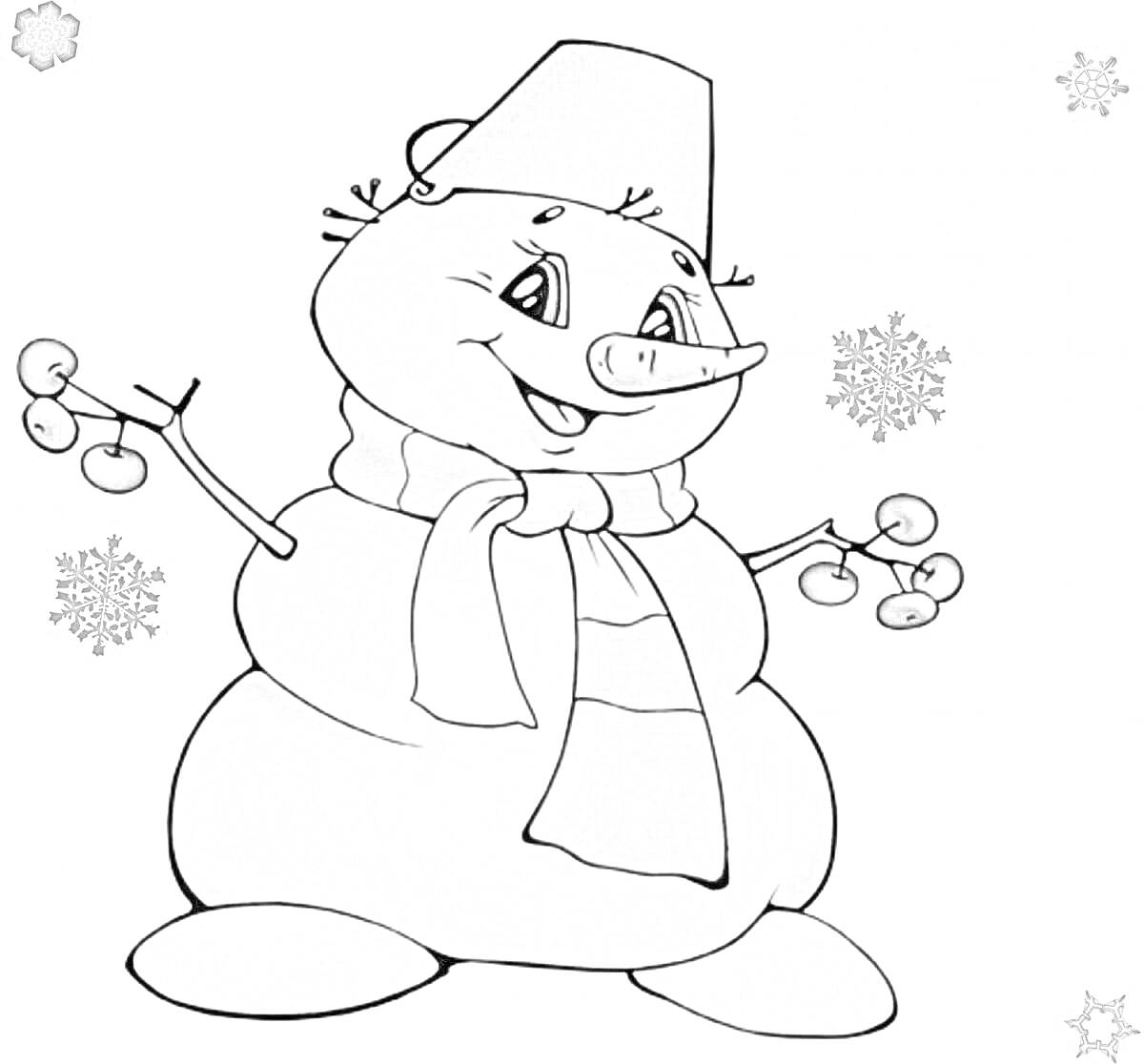 Раскраска Снеговик в ведре с шарфом и ветками с ягодами, снежинками