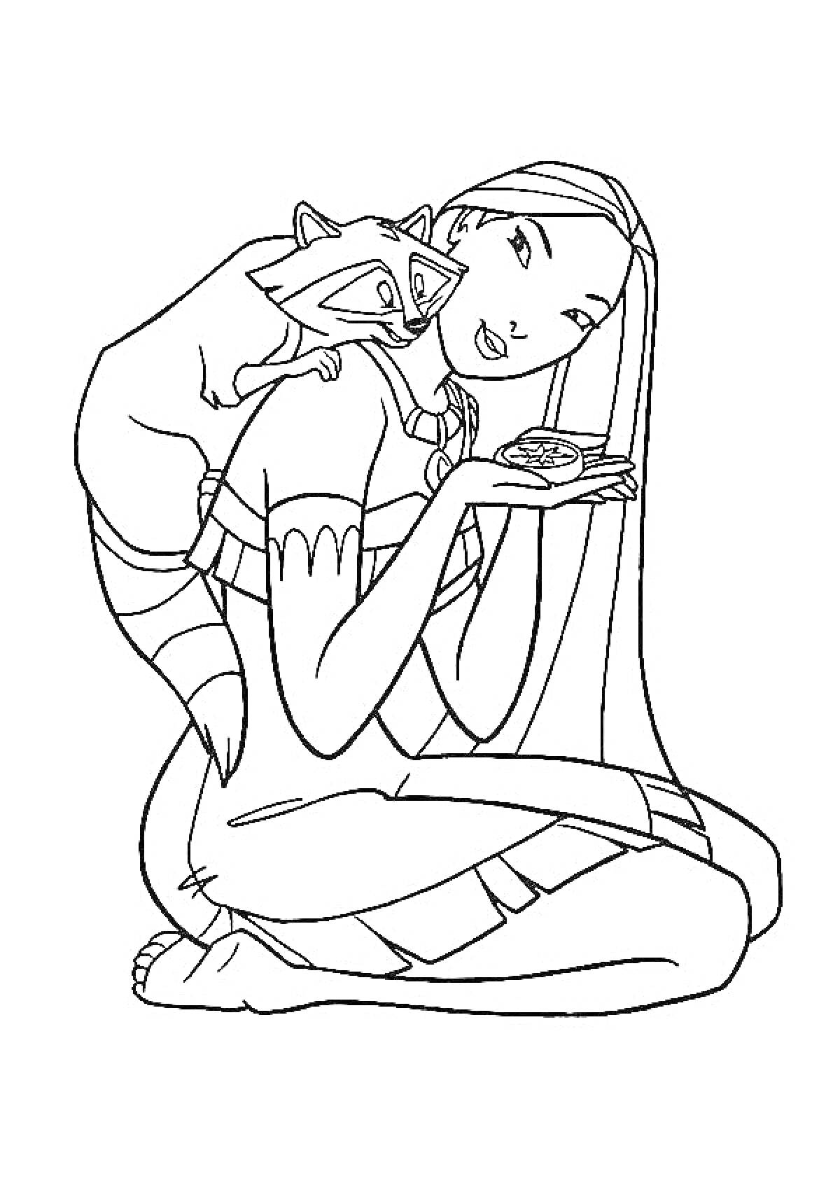 Раскраска Девушка из Дисней с длинными волосами и енотом на плече, держащая что-то в руках