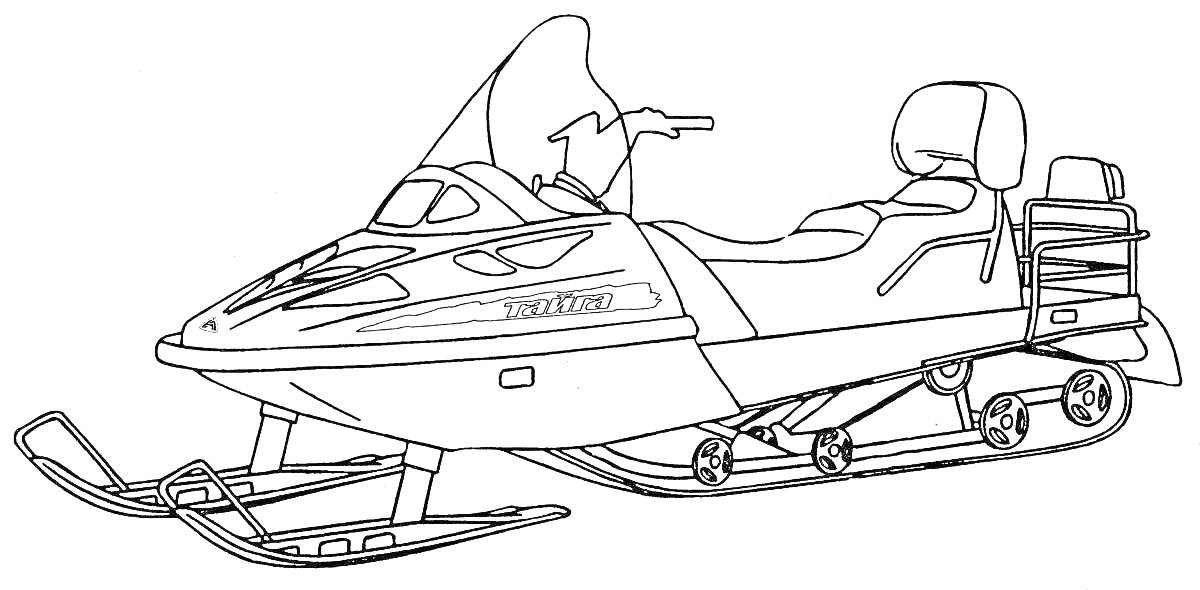На раскраске изображено: Снегоход, Ветровое стекло, Сидение, Багажник, Зима, Транспорт, Техника, Снег, Лыжи