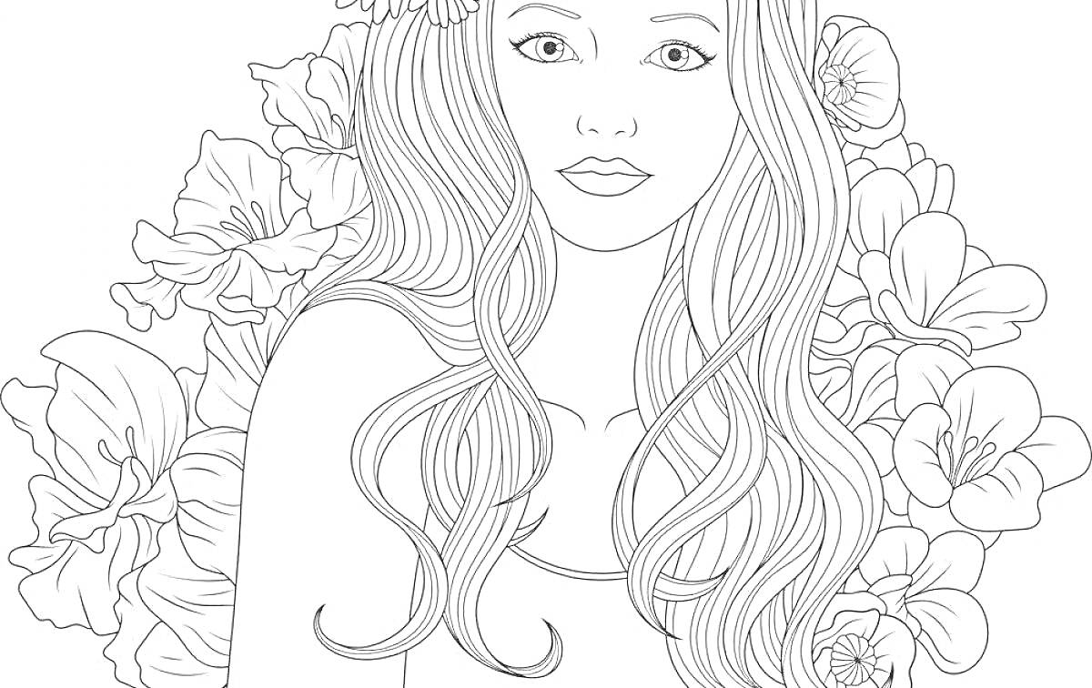 На раскраске изображено: Длинные волосы, Цветы, Для девочек, Подростки, 15 лет, Красивые, Природа