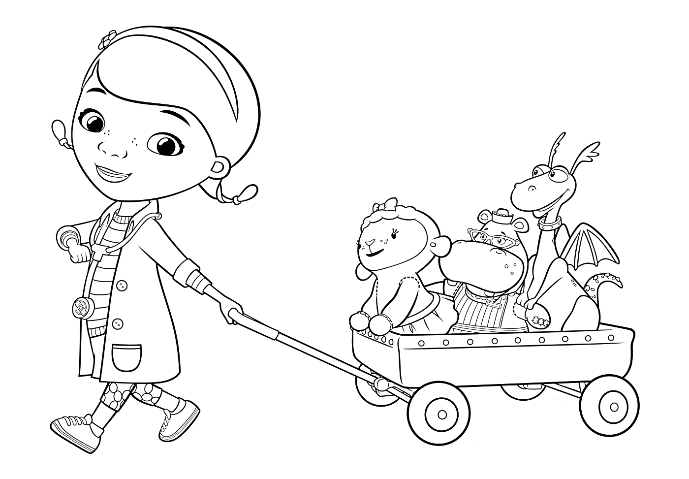 Раскраска Доктор Плюшева в халате тянет вагончик с игрушечными друзьями (ягнёнок, бегемот, дракон и ещё одна игрушка)