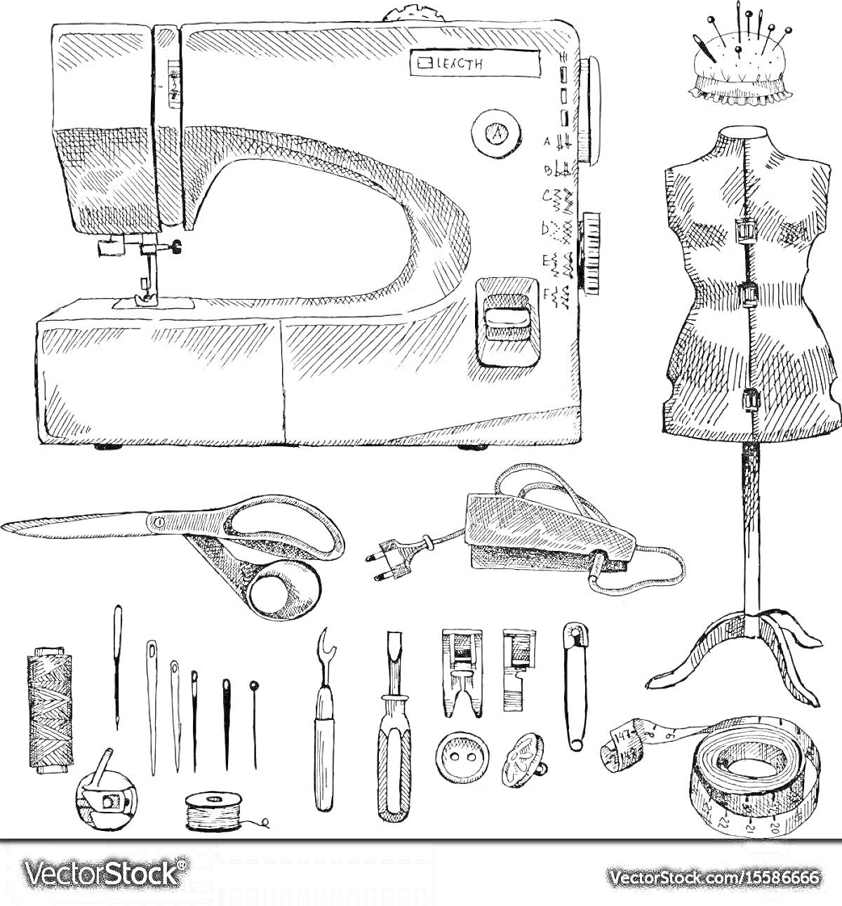 Раскраска Швейная машина, манекен, ножницы, нитки, иглы, напёрсток, нож для ткани, линейка, утюг, кнопки, пружины, молнии, метр, катушка ниток, крестовая отвертка, инструменты для шитья