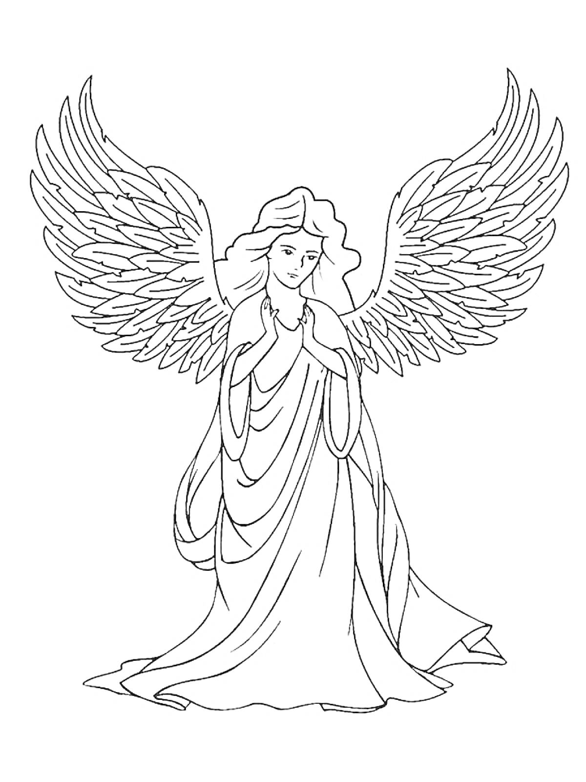 Раскраска Ангел с большими расправленными крыльями, в длинном платье, со сложенными руками