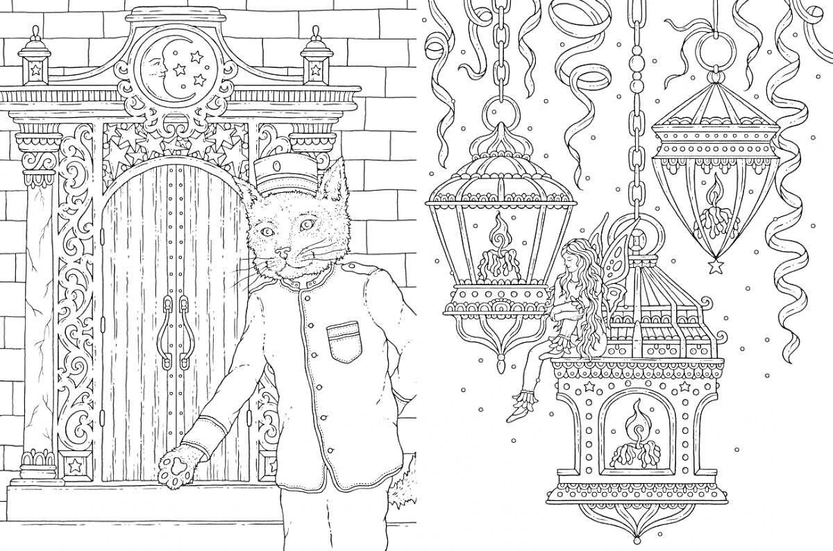 Раскраска Кот-стражник у средневековых ворот и светильники с птицами и украшениями