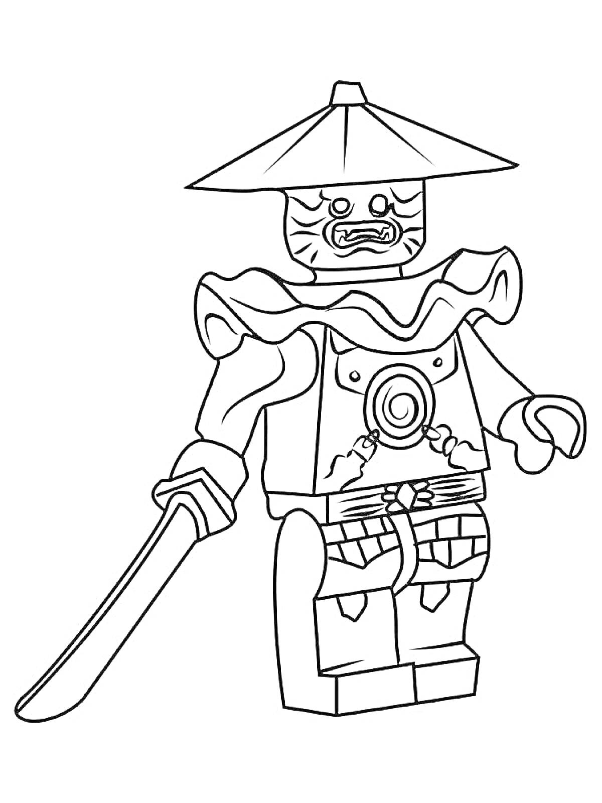 Раскраска Лего фигурка ниндзя с шляпой и мечом