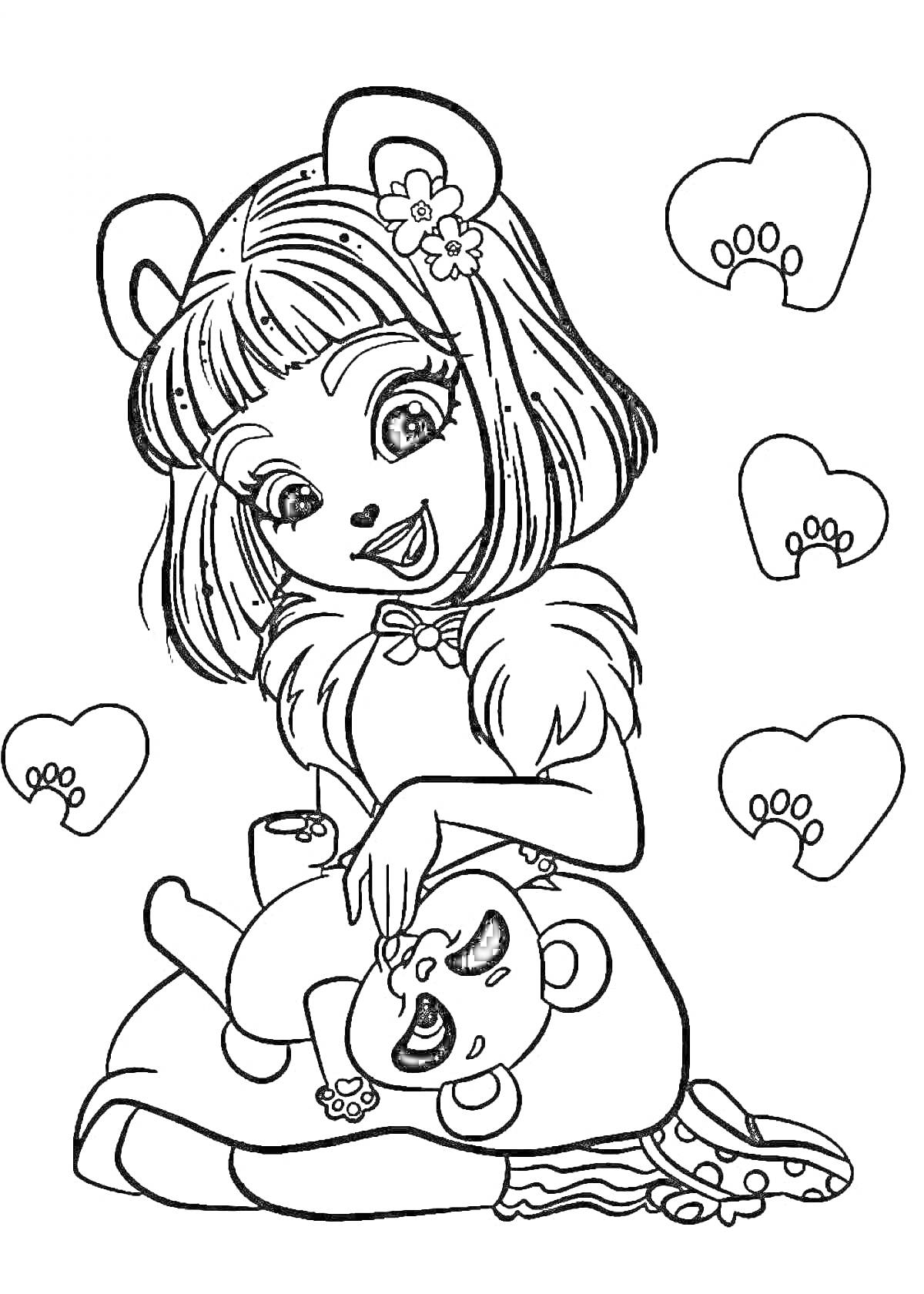 Раскраска Девочка с ушками и цветком в волосах, играющая с плюшевым медвежонком, сердечки с отпечатками лап