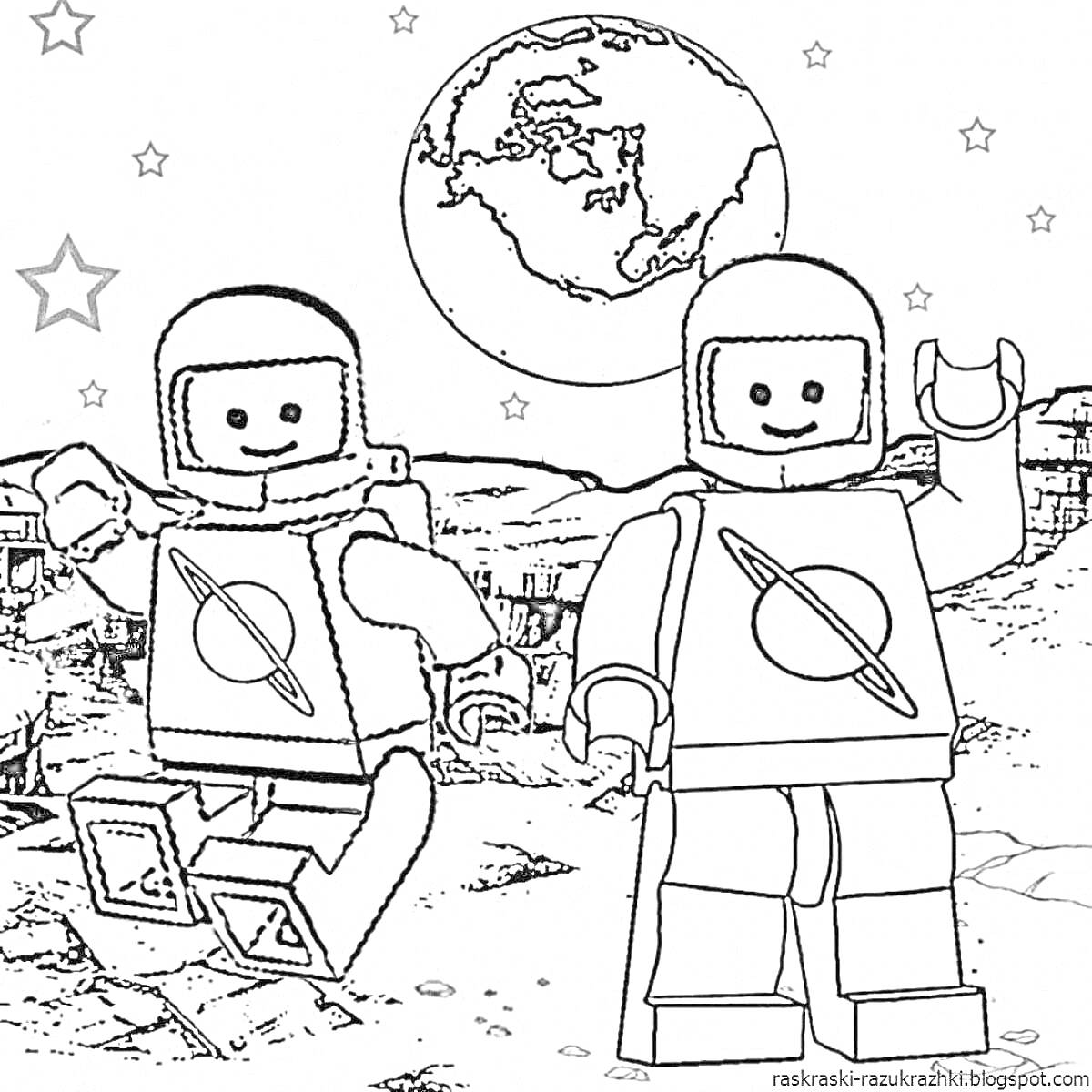 На раскраске изображено: Лего, Космос, Луна, Земля, Звезды, Для детей, Астронавт