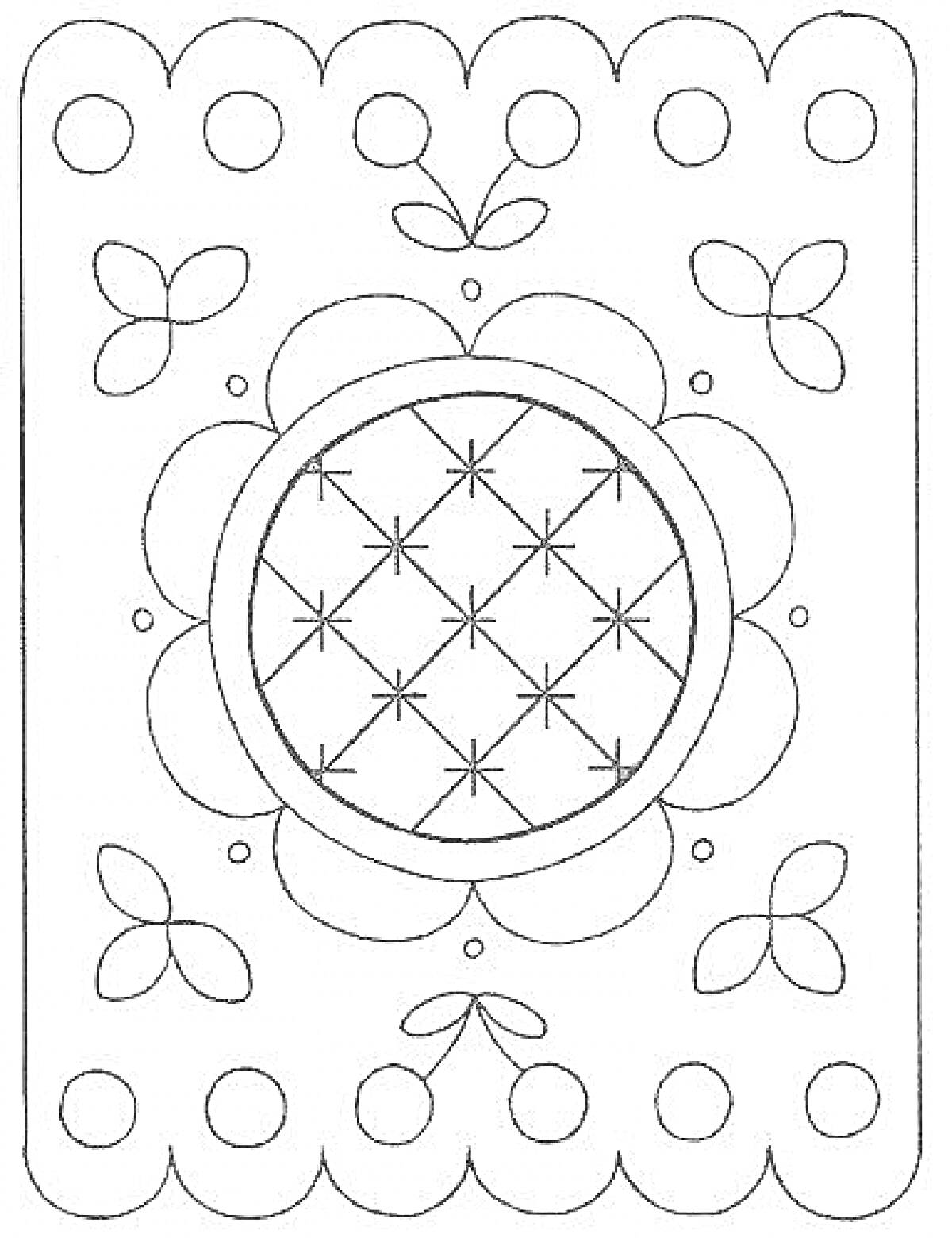На раскраске изображено: Скатерть, Цветочный орнамент, Круги