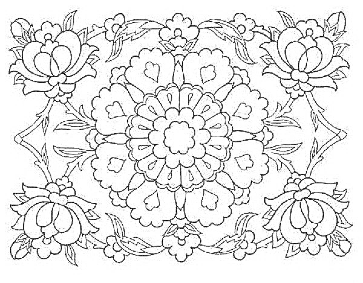 Раскраска Павлопосадский платок с центральным цветком и цветами по углам