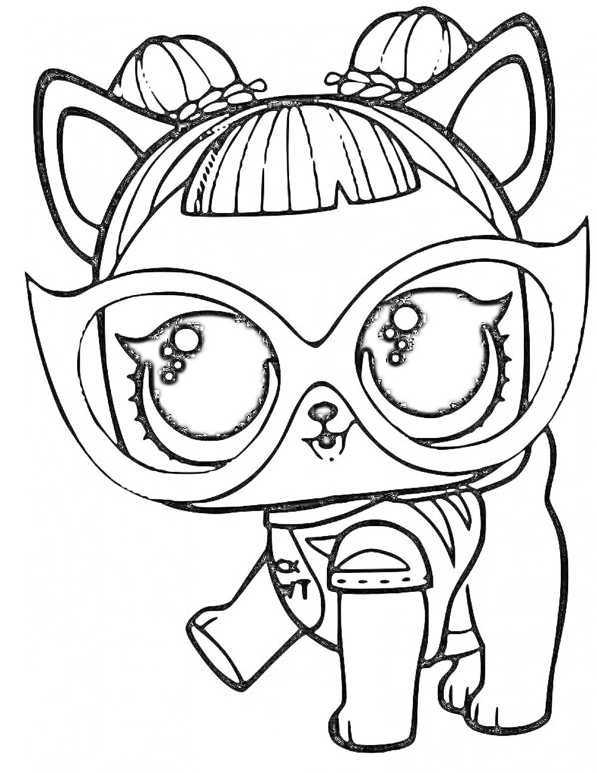 Раскраска Кошка в очках с косичками и чёлкой