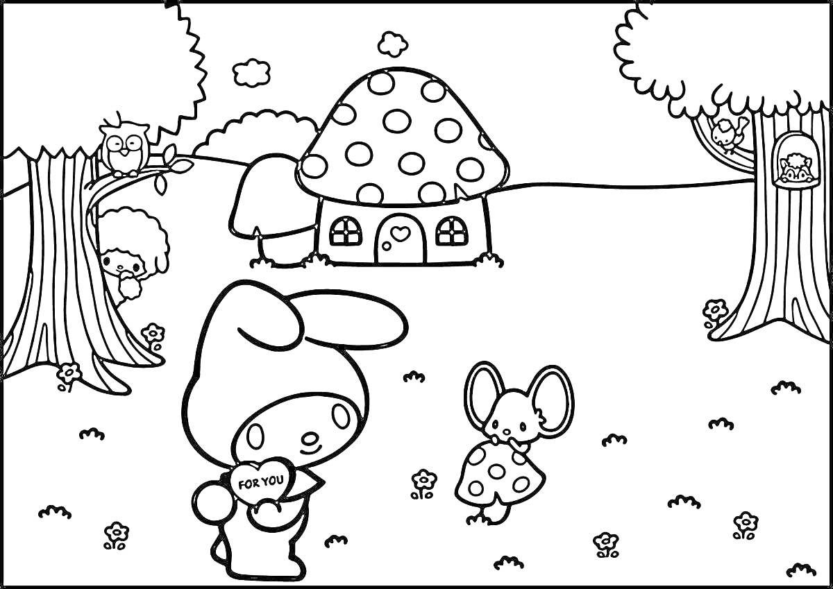 Раскраска Май Мелоди с сердечком в лесу с домом-грибом, мышью и совой