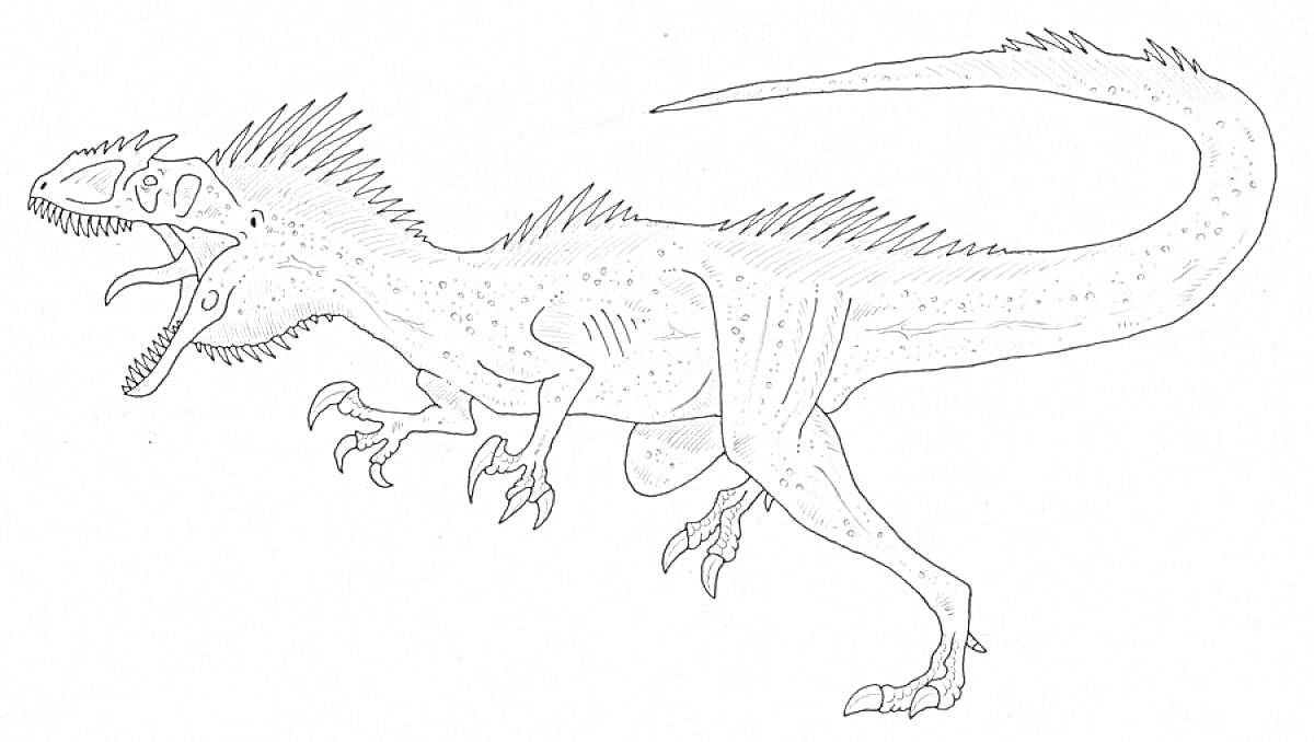 На раскраске изображено: Динозавр, Гигантозавр, Открытая пасть, Когти, Хвост