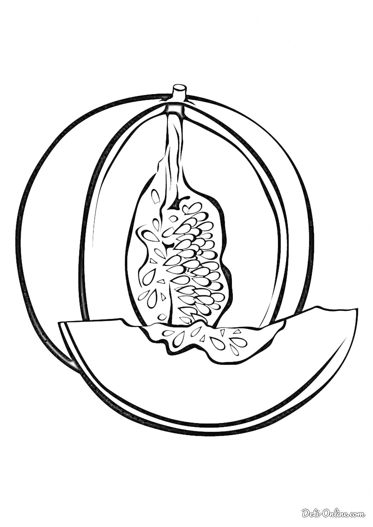 Раскраска Дыня, разрезанная пополам с долькой