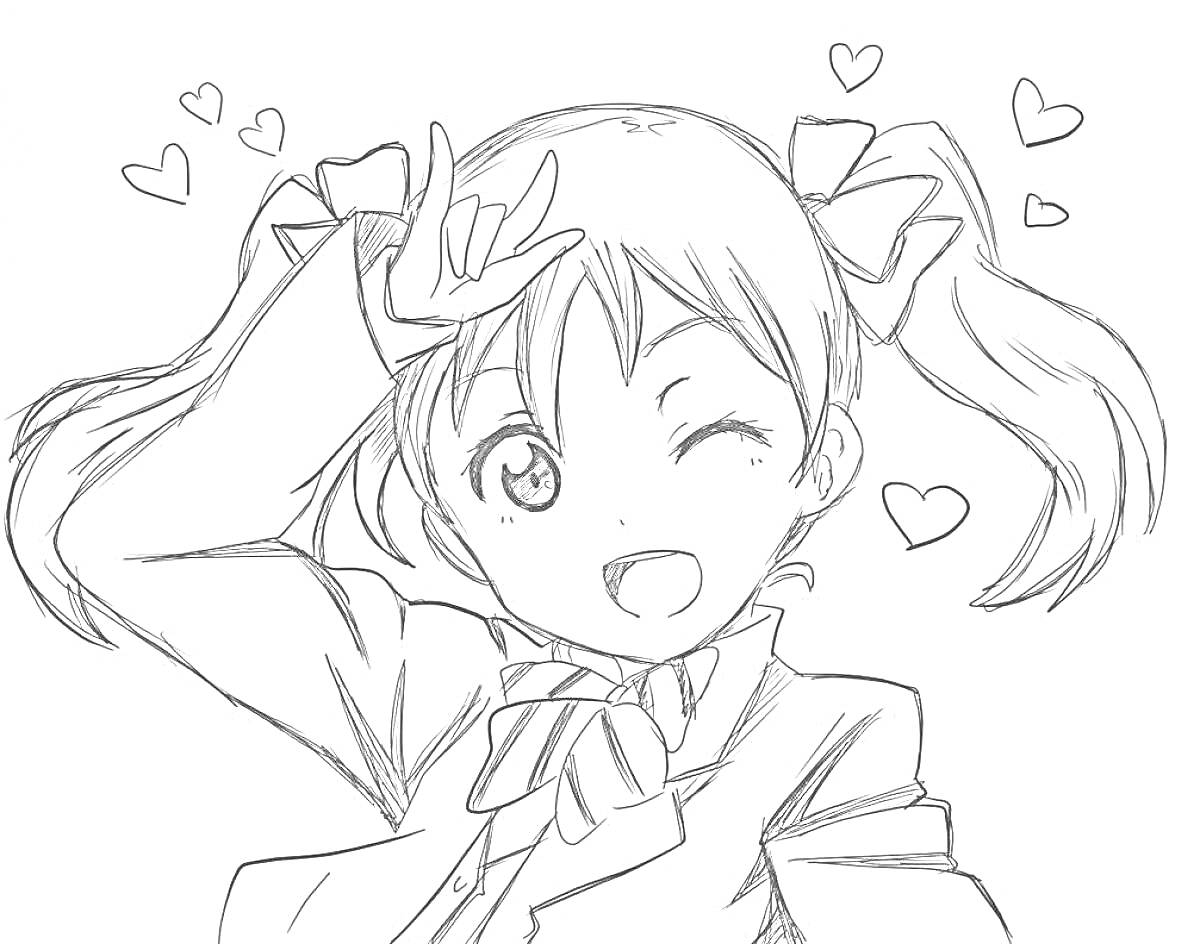 Раскраска Девочка-тинейджер в школьной форме с двумя хвостиками и сердечками вокруг