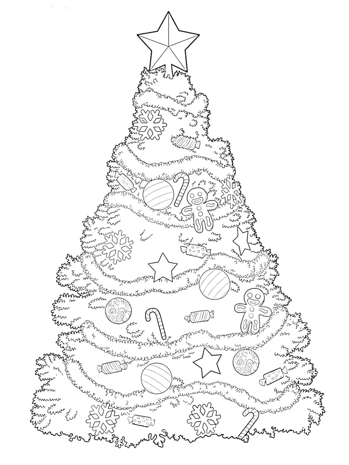 На раскраске изображено: Новогодняя елка, Гирлянда, Снежинки, Пряничные человечки, Леденцы, Рождество, Новый год