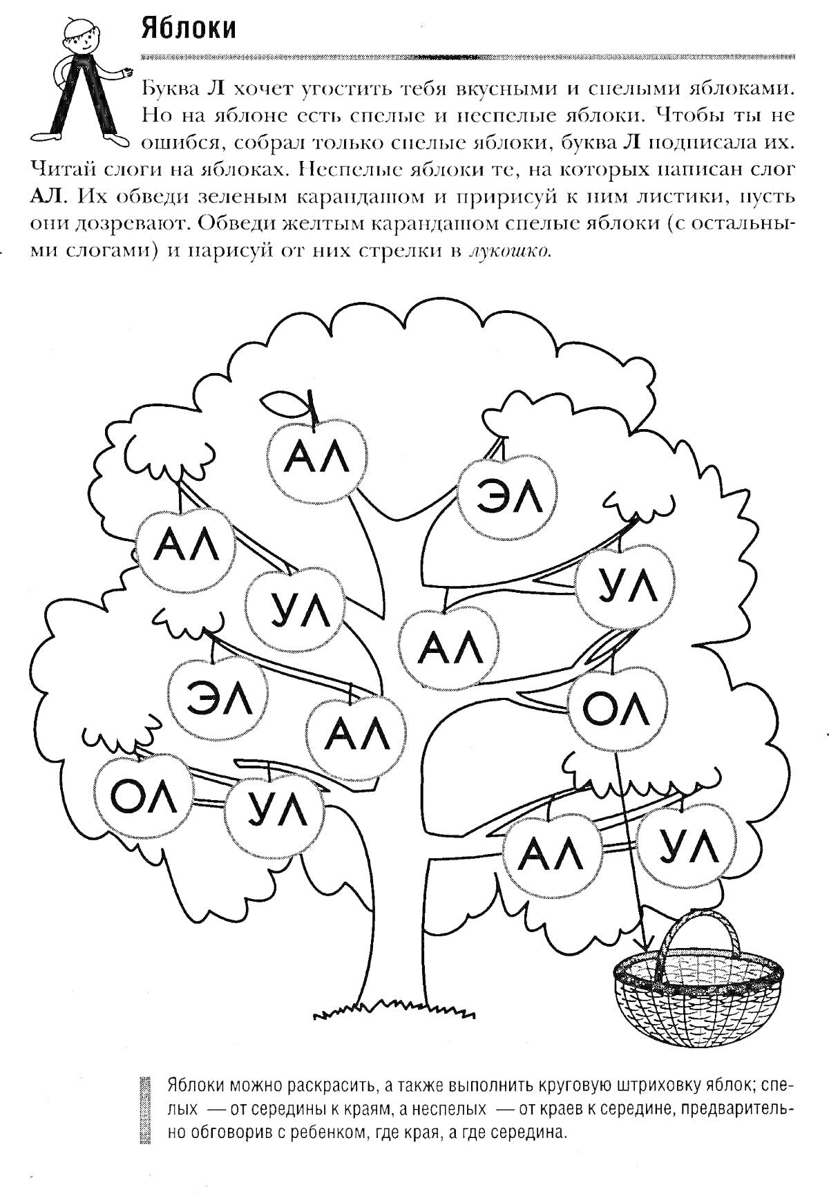 Раскраска Дерево с яблоками, каждая яблока содержит слоги (АЛ, УЛ, ОЛ, ЛА, ЛО)