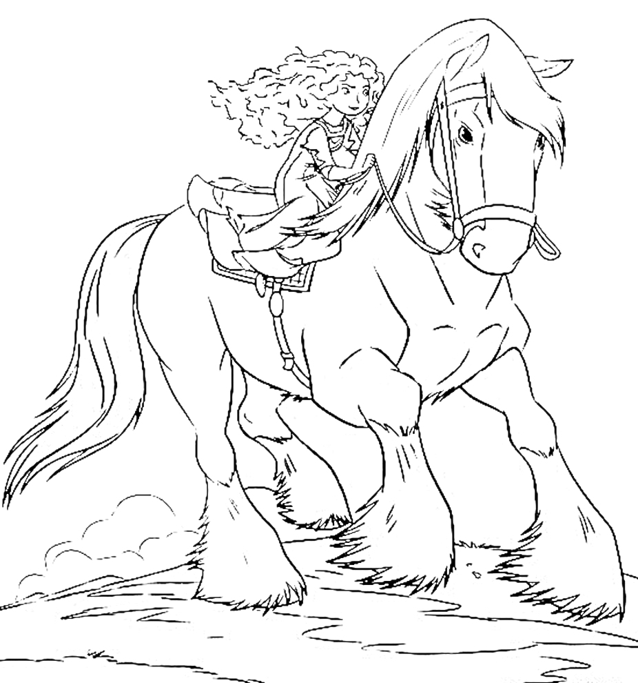 Раскраска Девушка с кудрявыми волосами верхом на большом коне