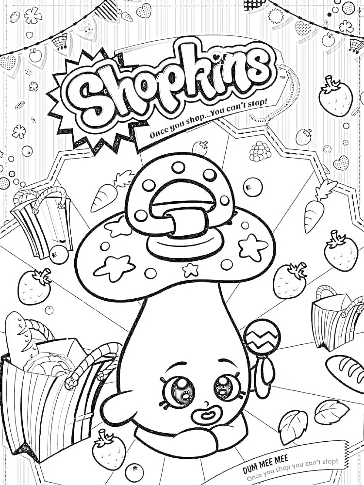 Раскраска Шопкинс с изображением гриба и множеством фруктов и сладостей