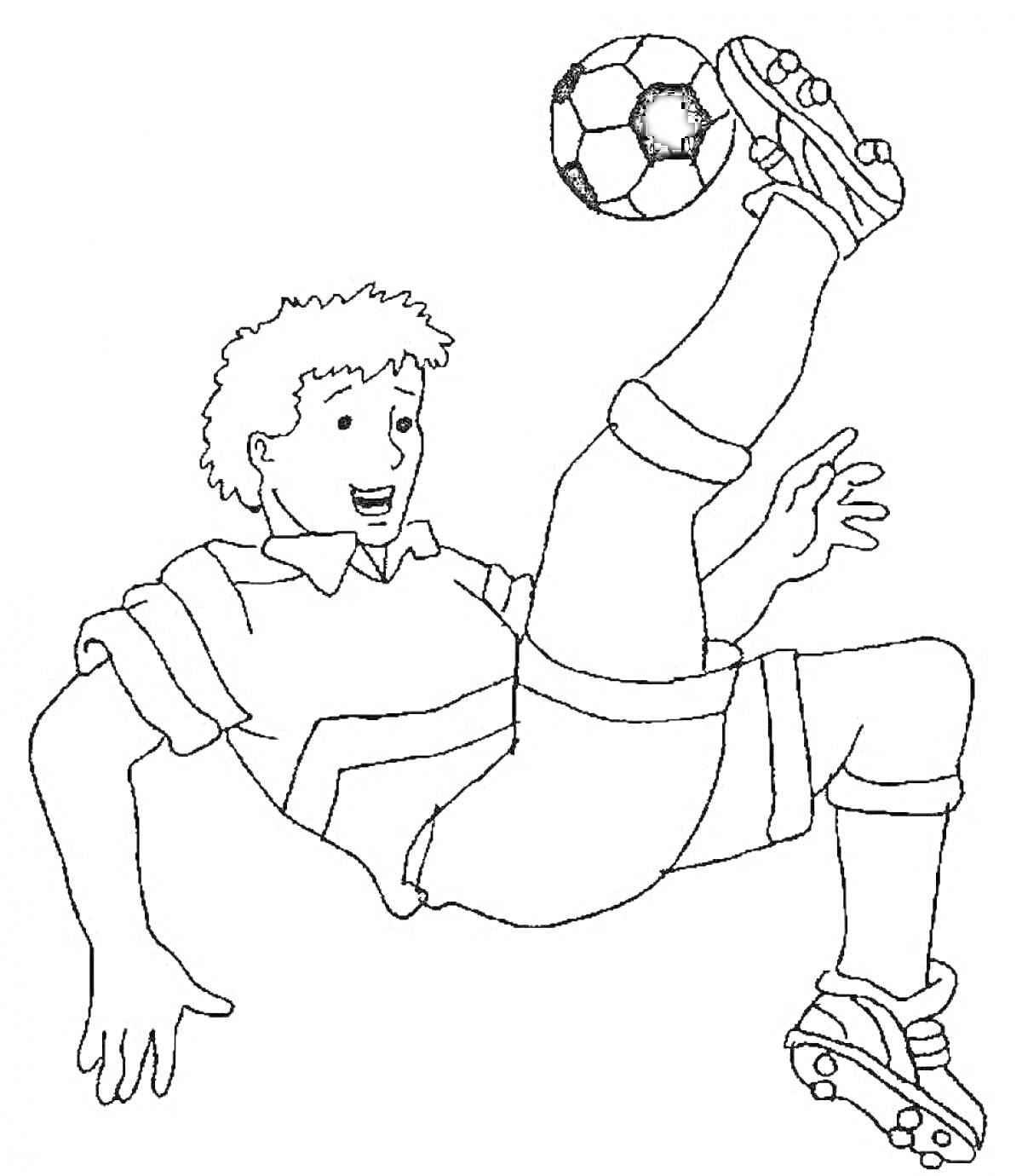 На раскраске изображено: Футболист, Трюк, Спорт, Футбол, Игра, Спортсмен, Активность
