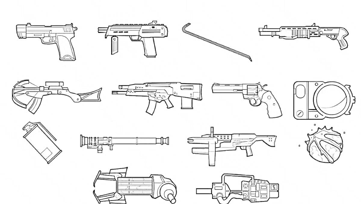 Раскраска Различное оружие из игры Гаррис мод - пистолет, автоматический пистолет, лом, дробовик, арбалет, автомат, револьвер, магнитофон, граната, гранатомет, пулемет.