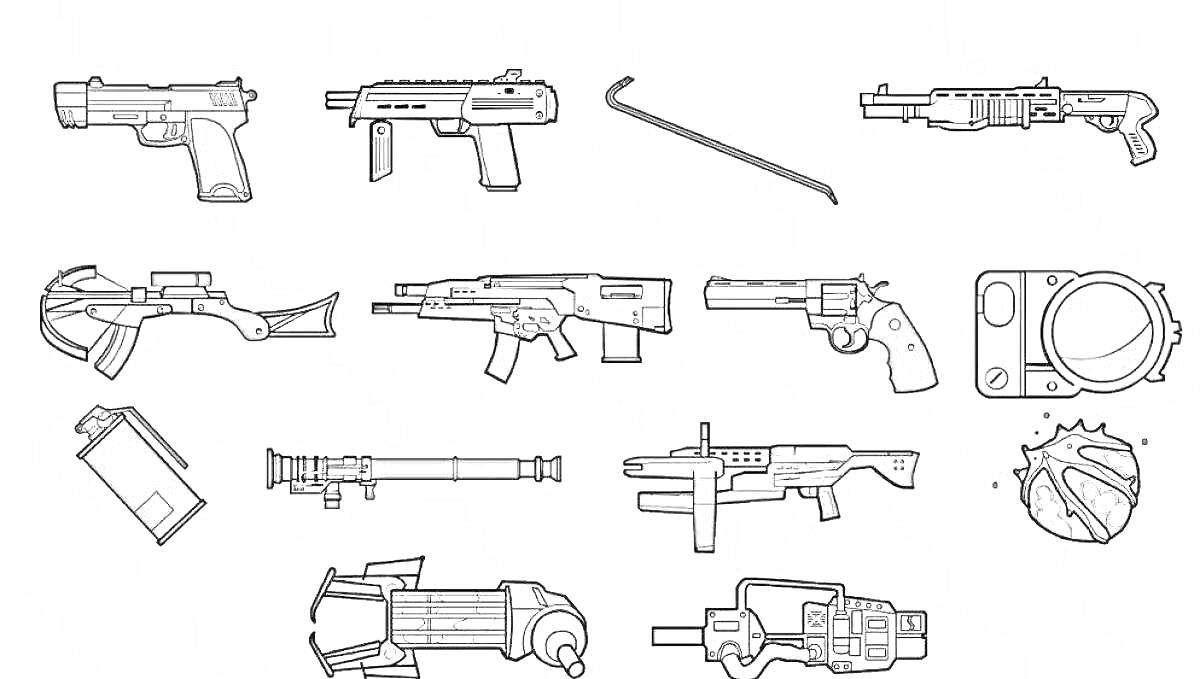 На раскраске изображено: Оружие, Пистолет, Арбалет, Автомат, Револьвер, Магнитофон, Граната, Гранатомет, Пулемет, Игра
