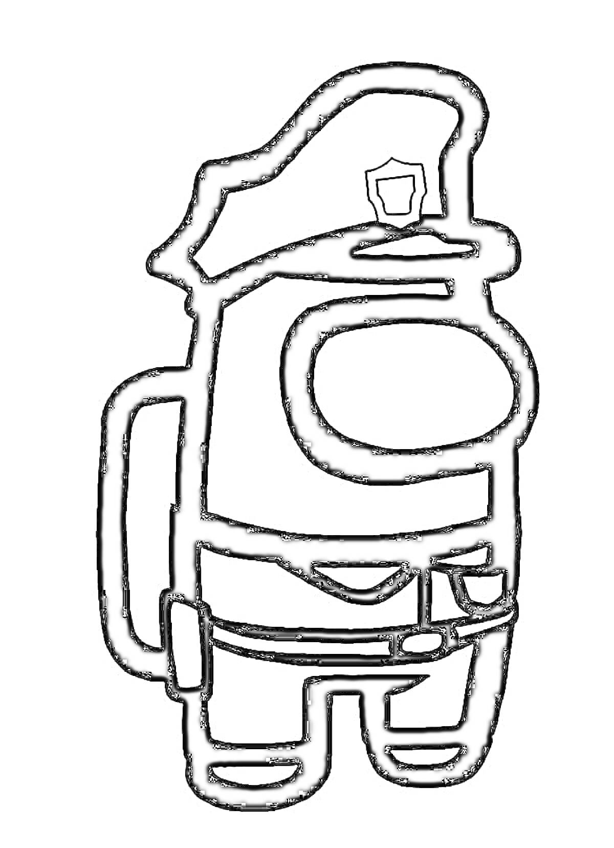 Раскраска персонажа игры Амонгас в полицейской форме с рюкзаком