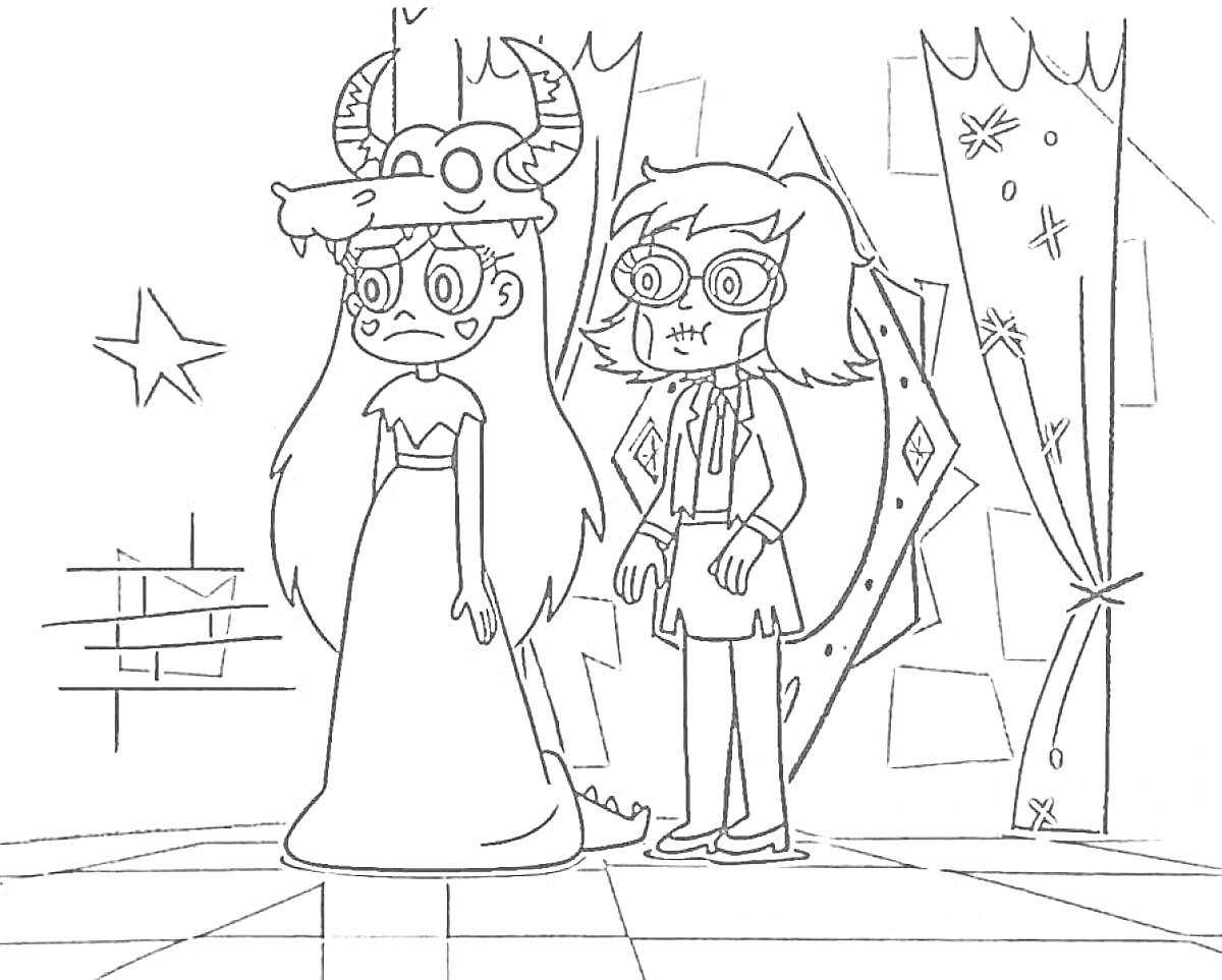 На раскраске изображено: Принцесса, Замок, Занавески, Пол, Кирпичная стена