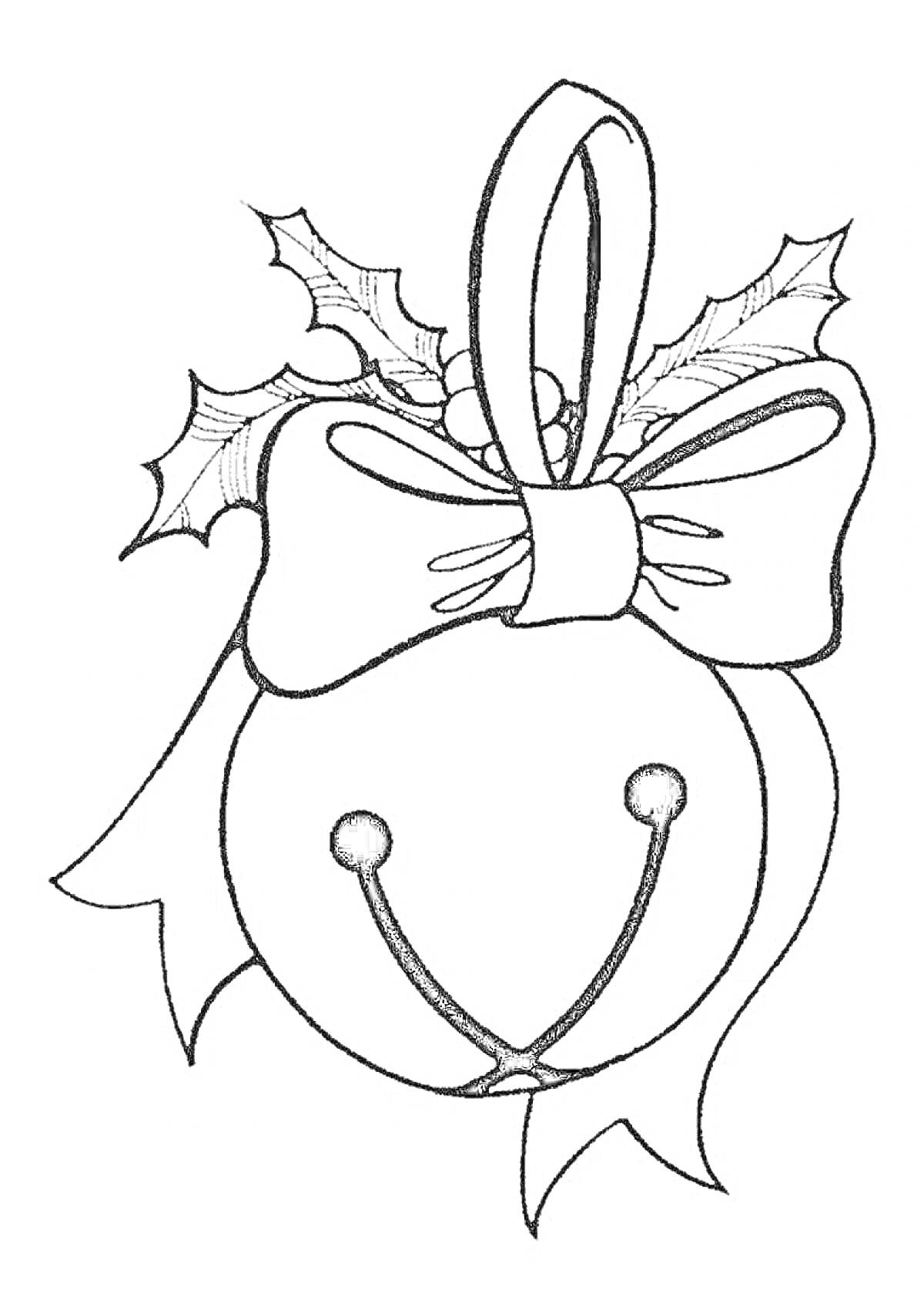 На раскраске изображено: Колокольчик, Бант, Падуб, Новый год, Рождество