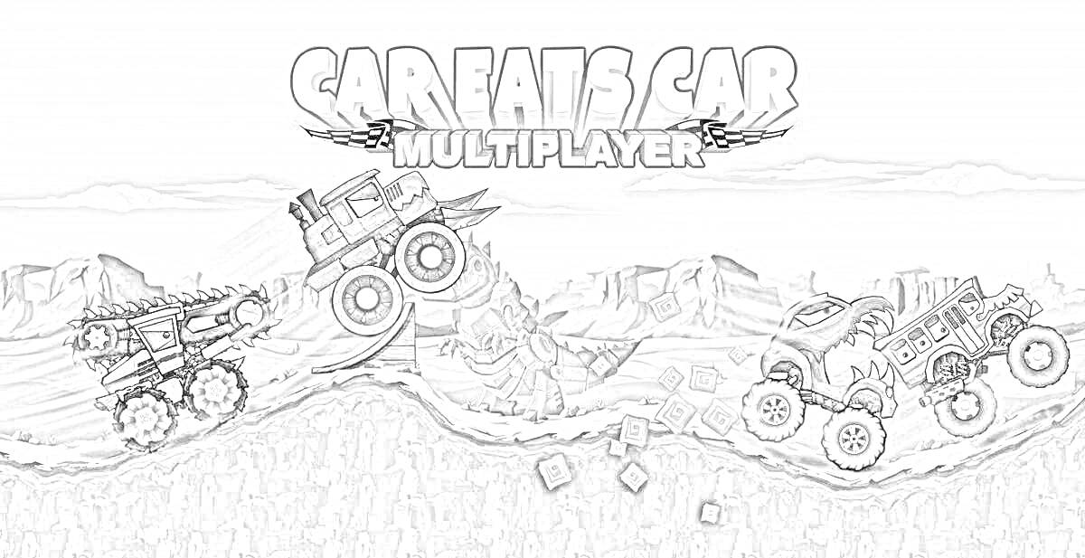 Раскраска Car Eats Car 3 Multiplayer, машинки на трассе с препятствиями, горы, машины с огнеметом и турбонаддувом, надпись