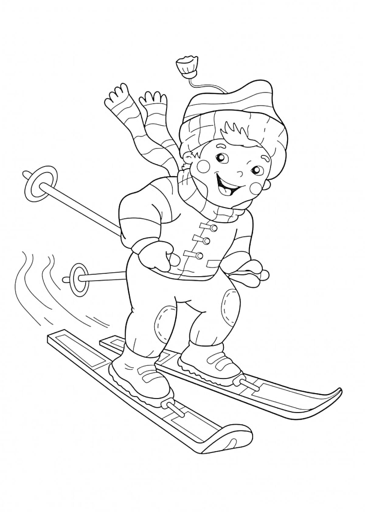 На раскраске изображено: Лыжи, Зимний спорт, Ребёнок, Зима, Лыжные палки, Шапка, Шарф, Комбинезоны