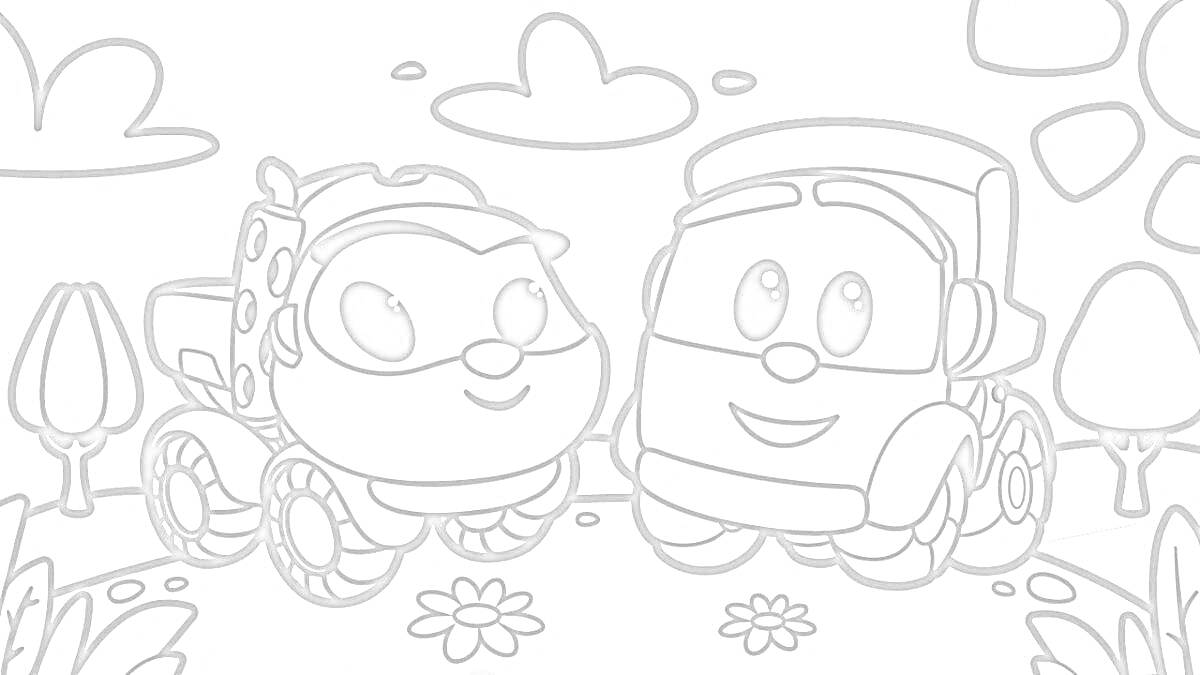 Раскраска Два грузовичка на фоне природы