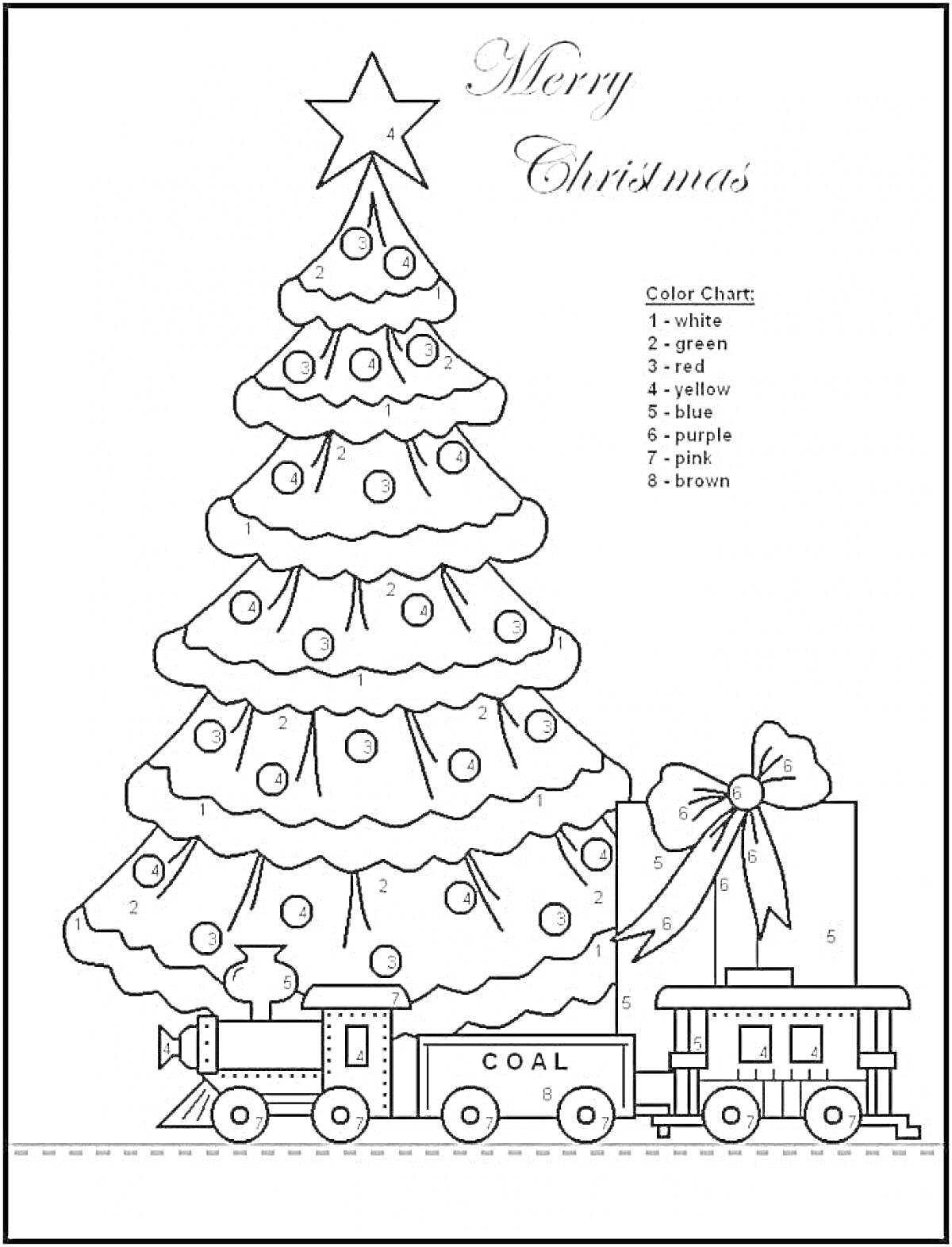 Раскраска Новогодняя ёлка с игрушками, звездой и игрушечным поездом и подарком