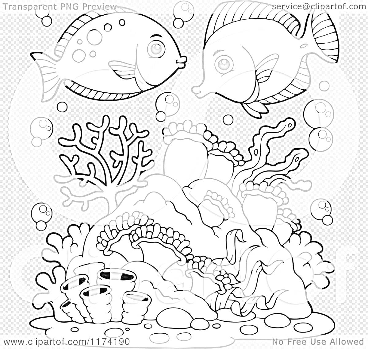 На раскраске изображено: Море, Кораллы, Морское дно, Пузыри, Подводный мир, Рыба