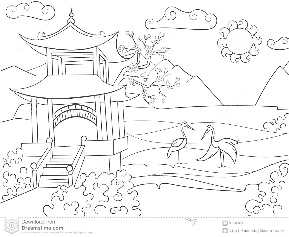 Раскраска Японский пейзаж с храмом, журавлями, горами и солнцем