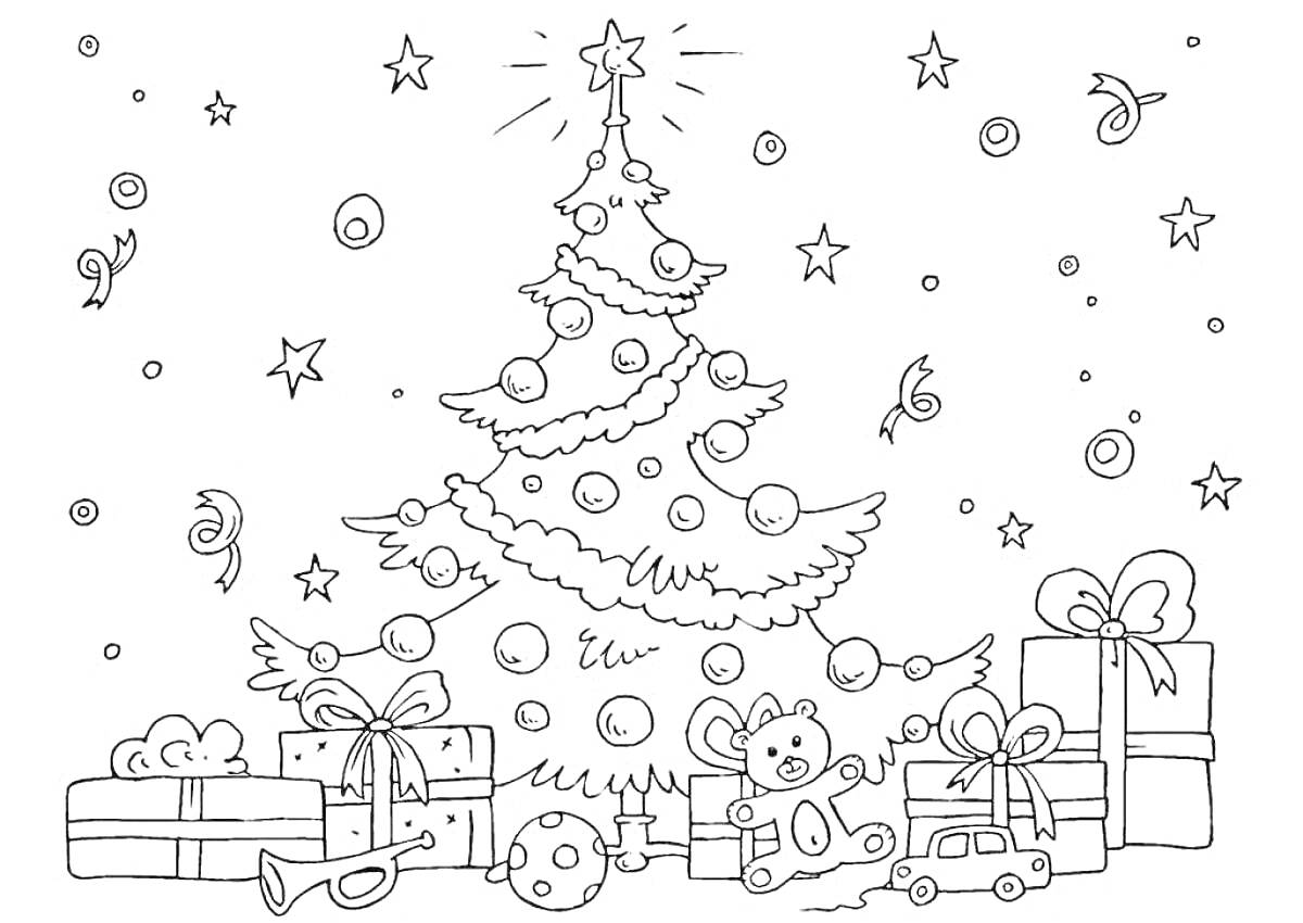 На раскраске изображено: Рождественская елка, Игрушки, Звезды, Подарки, Шары, Елки, Медведь