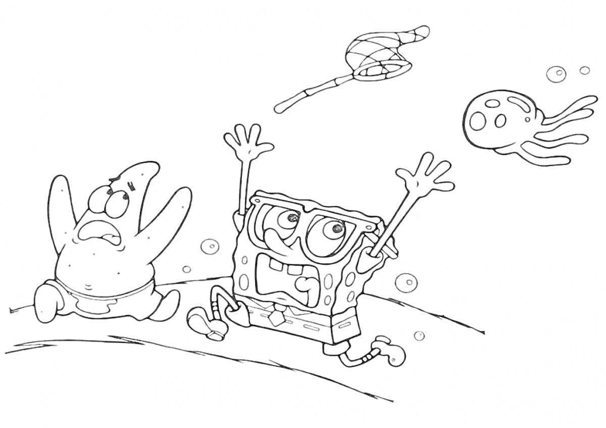 На раскраске изображено: Губка Боб, Патрик, Медуза, Ловля, Подводный мир, Друзья