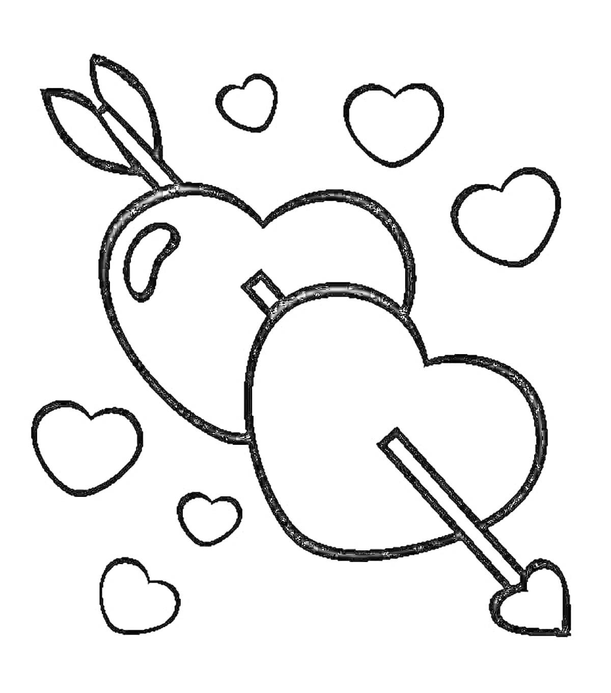 На раскраске изображено: Сердца, Стрела, Любовь, Романтика, Контурные рисунки