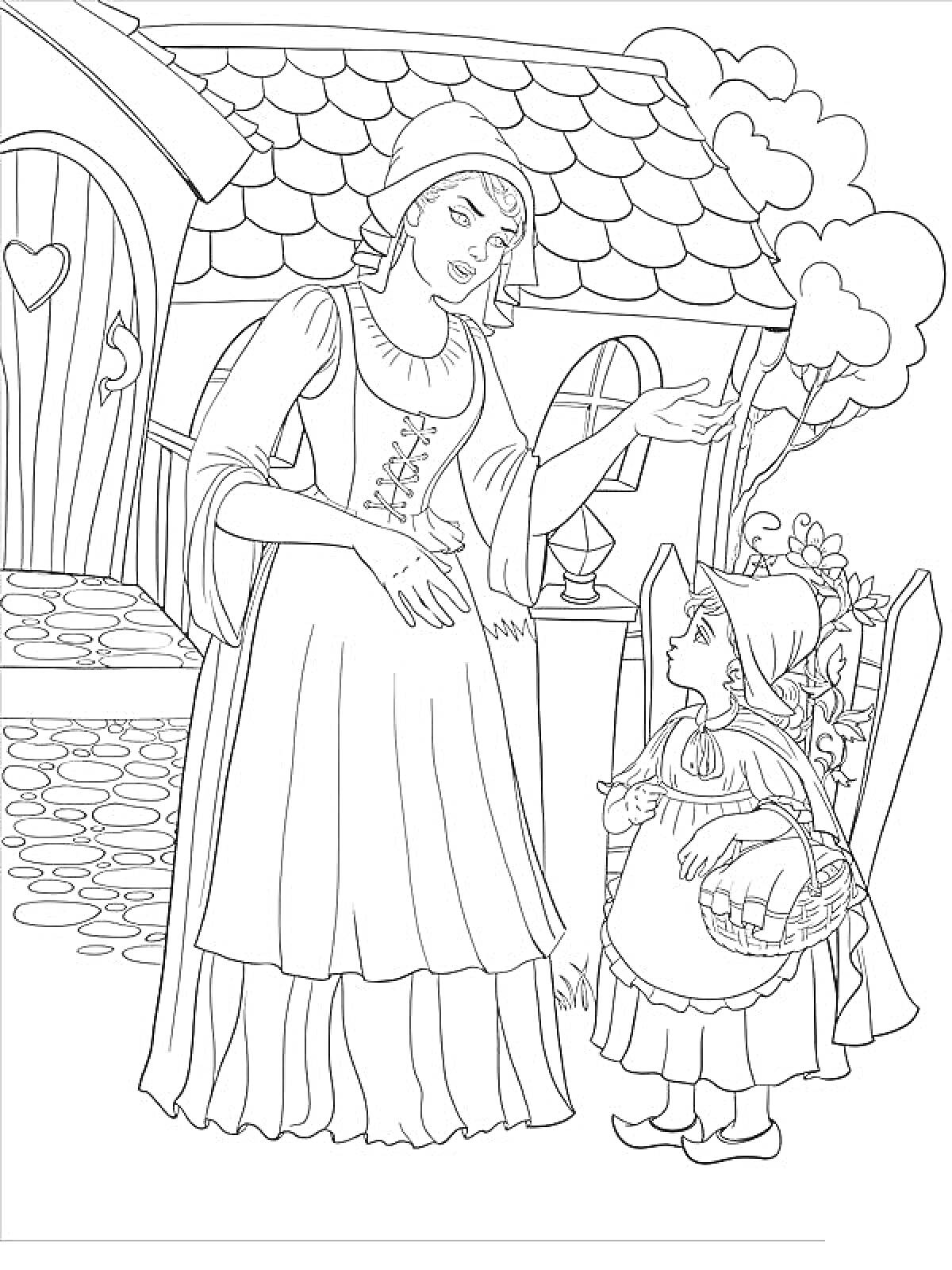 На раскраске изображено: Сказки, Мать, Дочь, Дом, Деревня, Корзина, Одежда, Деревья