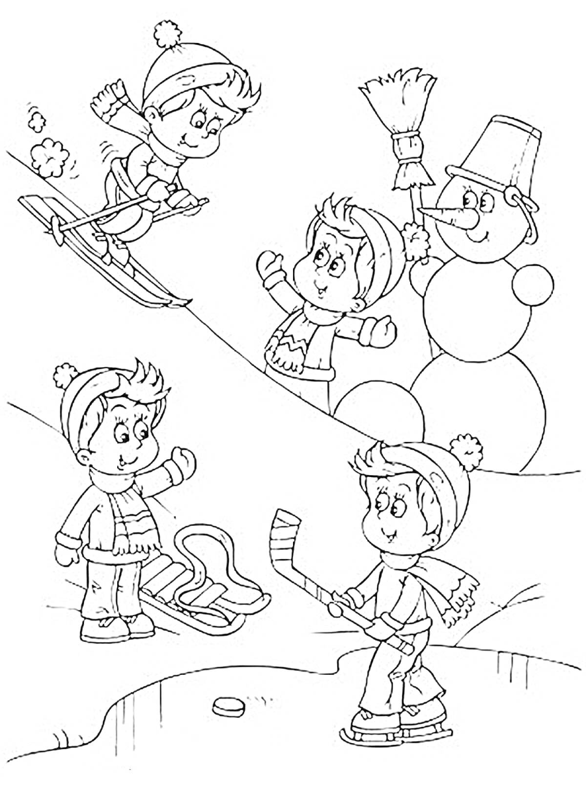 Раскраска Детские зимние забавы - катание на лыжах, лепка снеговика, катание на санках, игра в хоккей