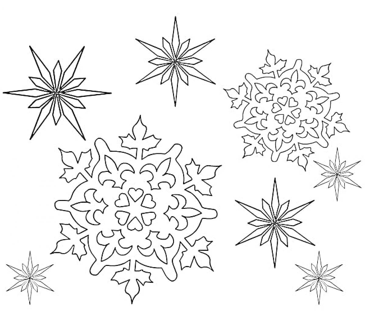 Раскраска Зимние узоры. Две большие шестиконечные снежинки с узорами и пять небольших звезд.