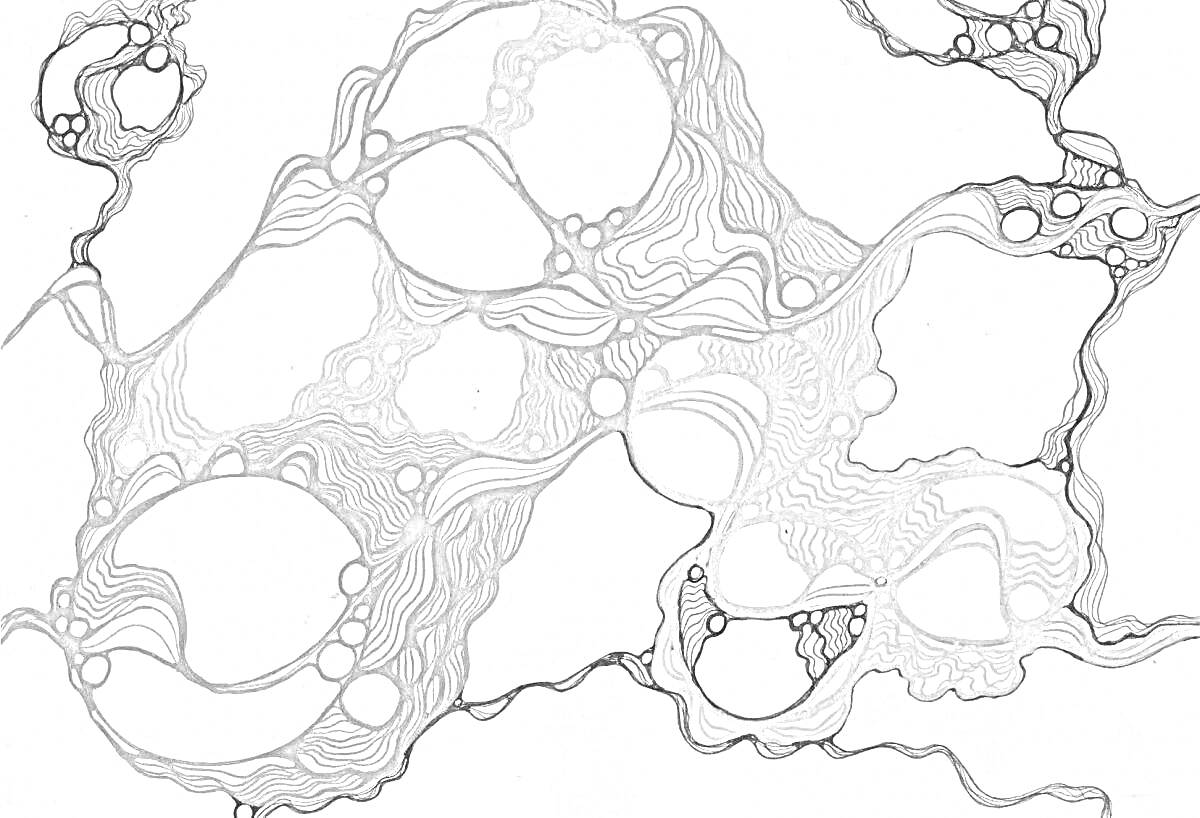 Раскраска Нейрографика с кругами, линиями и узорами.