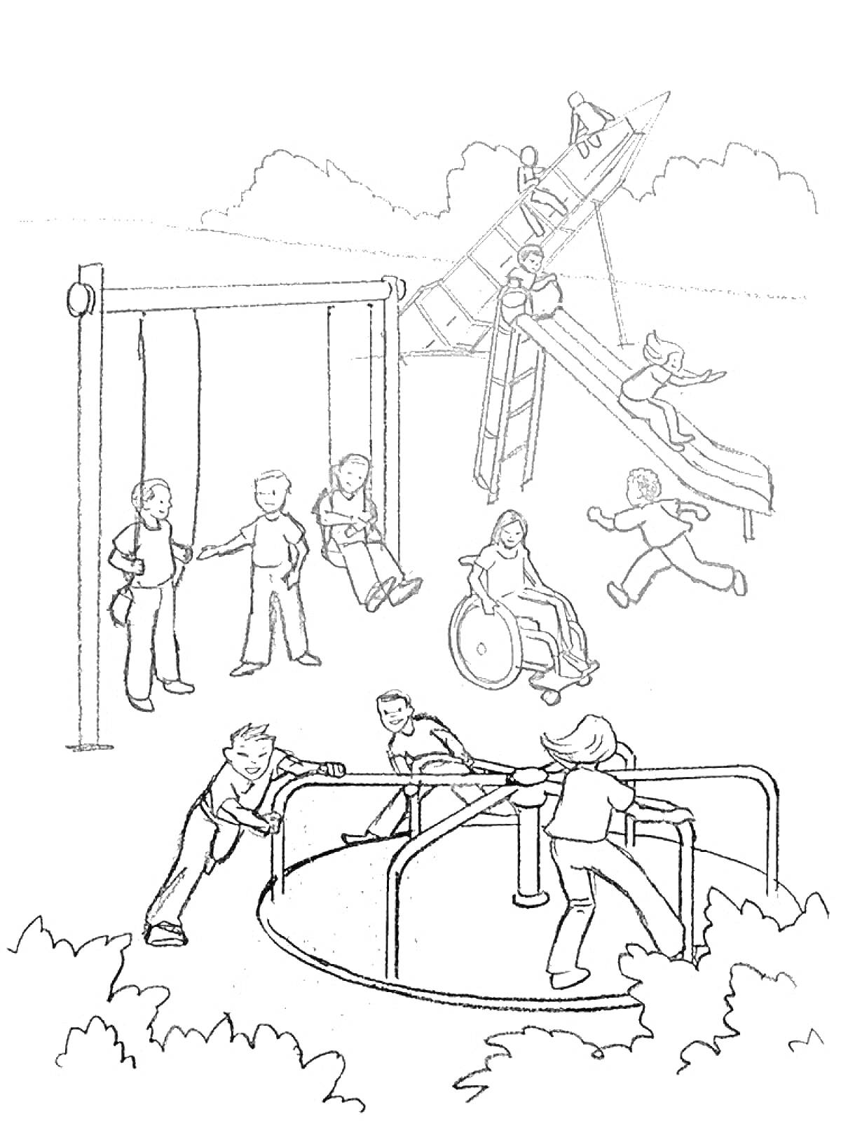 Раскраска Дети на детской площадке с качелями, горкой и каруселью