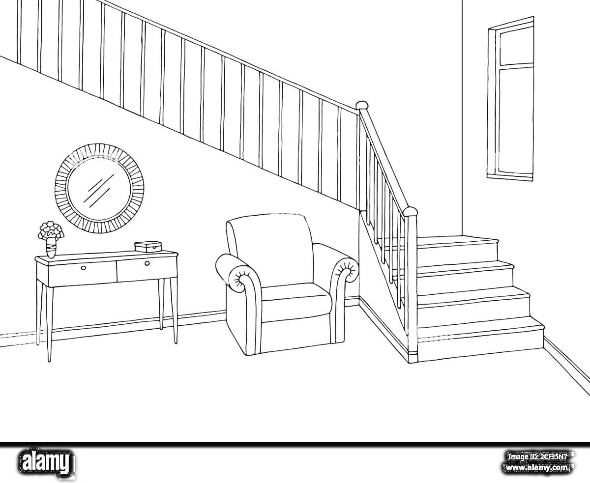 На раскраске изображено: Прихожая, Лестница, Кресло, Столик, Зеркало, Ваза, Цветы, Книга, Интерьер