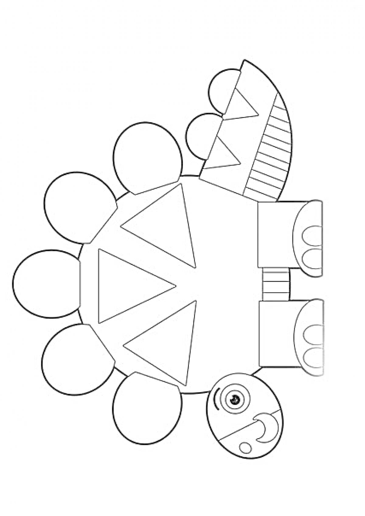 На раскраске изображено: Геометрические фигуры, Черепаха, Круги, Треугольники, Прямоугольники, Для детей, Учебные материалы