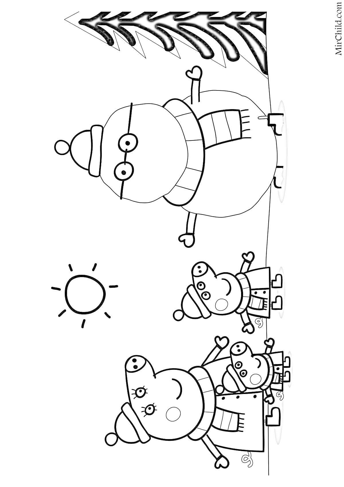 Раскраска Свин Папа и его семья гуляют зимой под солнцем возле дерева