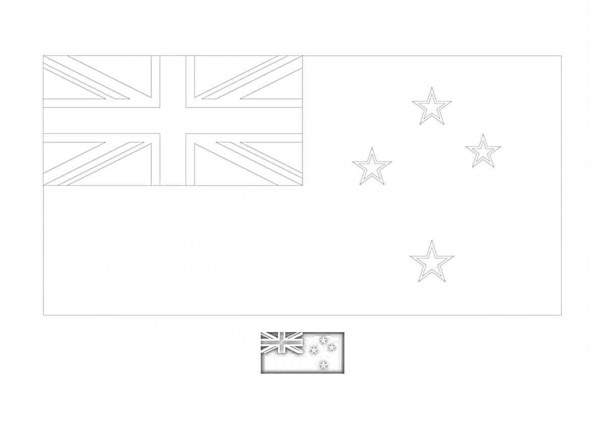 Раскраска раскраска флаг Новой Зеландии, контурный флаг одной страны с указанием пропорций, включает изображение британского флага (Юнион Джека) в верхнем левом углу и четыре звезды справа