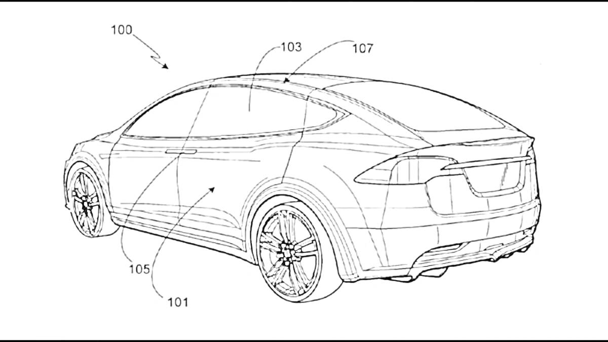 Раскраска Раскраска - задняя часть автомобиля Tesla Model X с номерными обозначениями деталей (100, 101, 103, 105, 107)