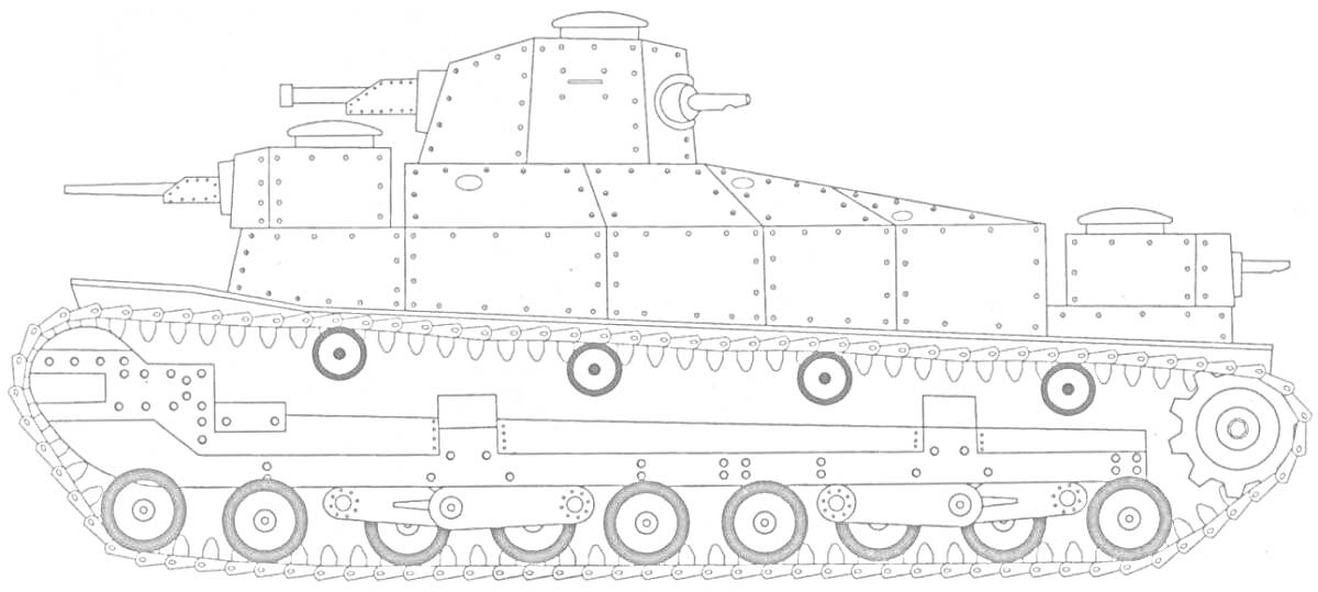 Бронированный танк КВ-44 с шестью колесами, тремя башнями с пушками и системой гусениц