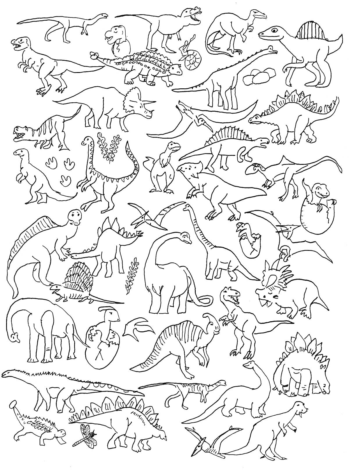На раскраске изображено: Следы лап, Брахиозавр, Стегозавр, Трицератопс, Апатозавр, Птеродактиль, Анкилозавр, Спинозавр, Растительность